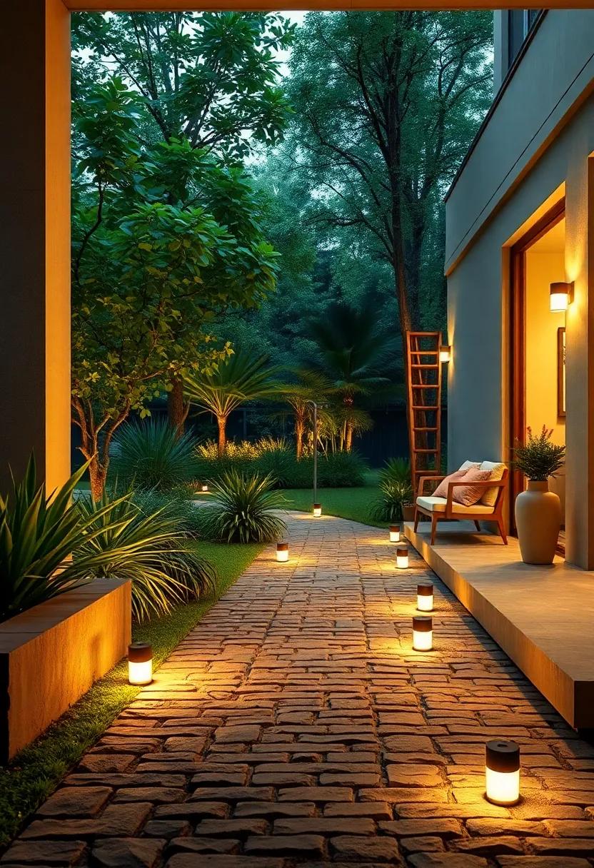 Warm White LED Solar Lights Guiding a Cobblestone Path Through a Lush Green Park