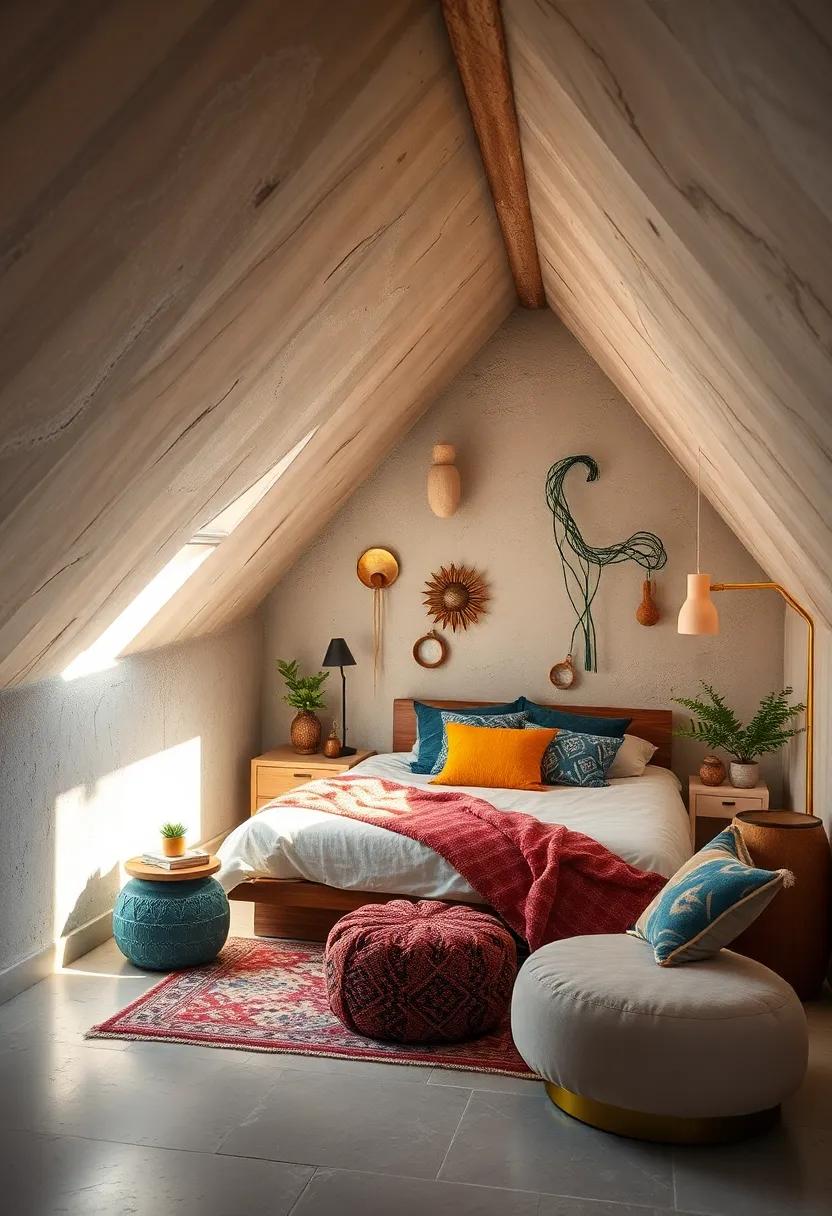 Quirky Artistic Touches Like Hand-Painted Murals and Sculptural Elements on Attic Walls