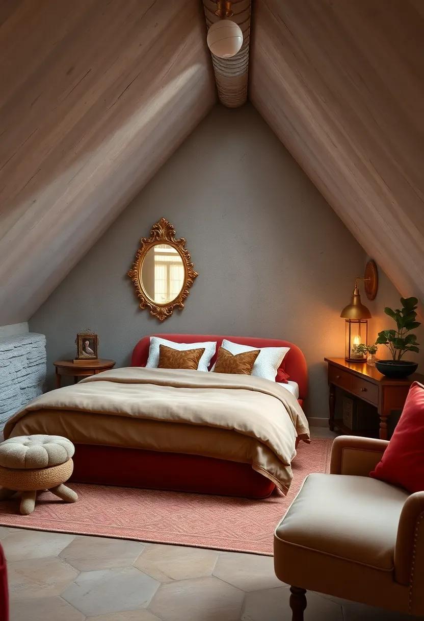 Luxurious Velvet Upholstery Paired With Ornate Mirrors and Warm Brass Fixtures in Attics