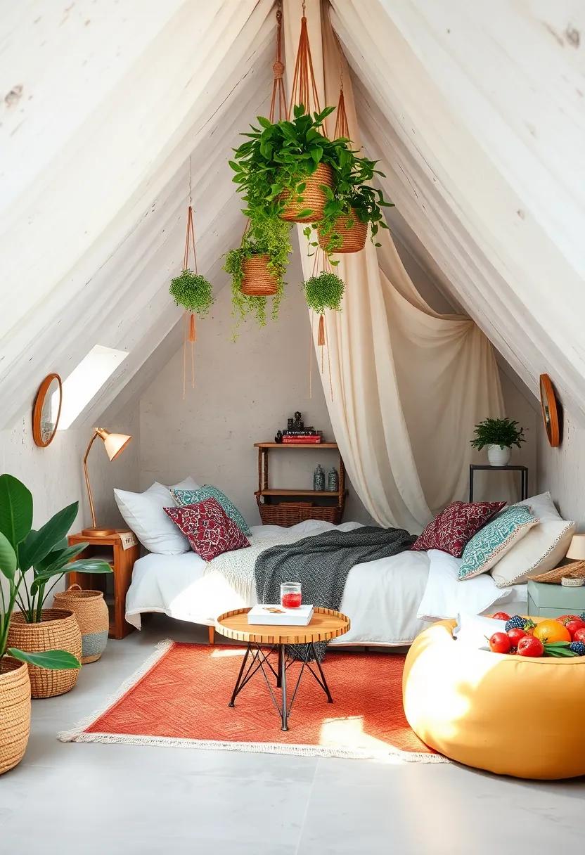 Whimsical Bohemian Fabrics and Patterns Draped Across Low Ceilings With Hanging Plants