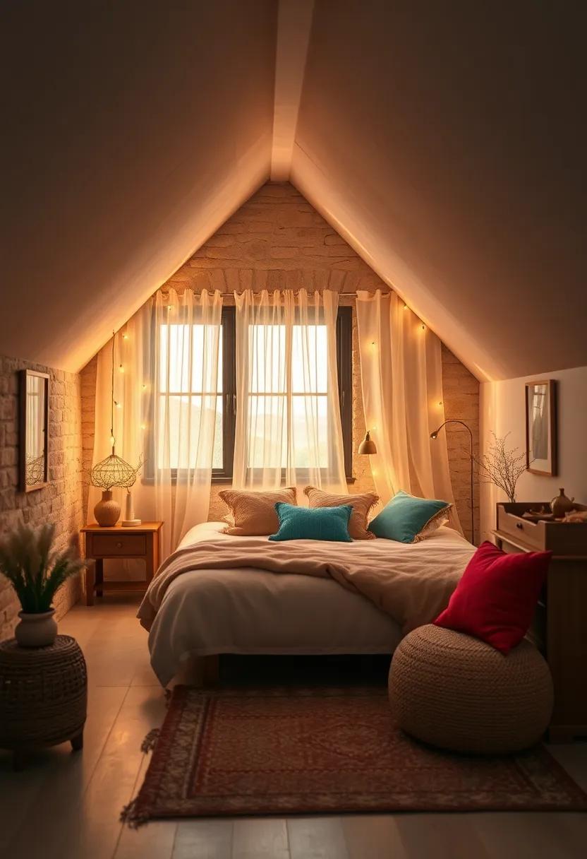 Delicate Fairy Lights and Sheer Curtains Creating an Enchanting Attic Bedroom Ambiance