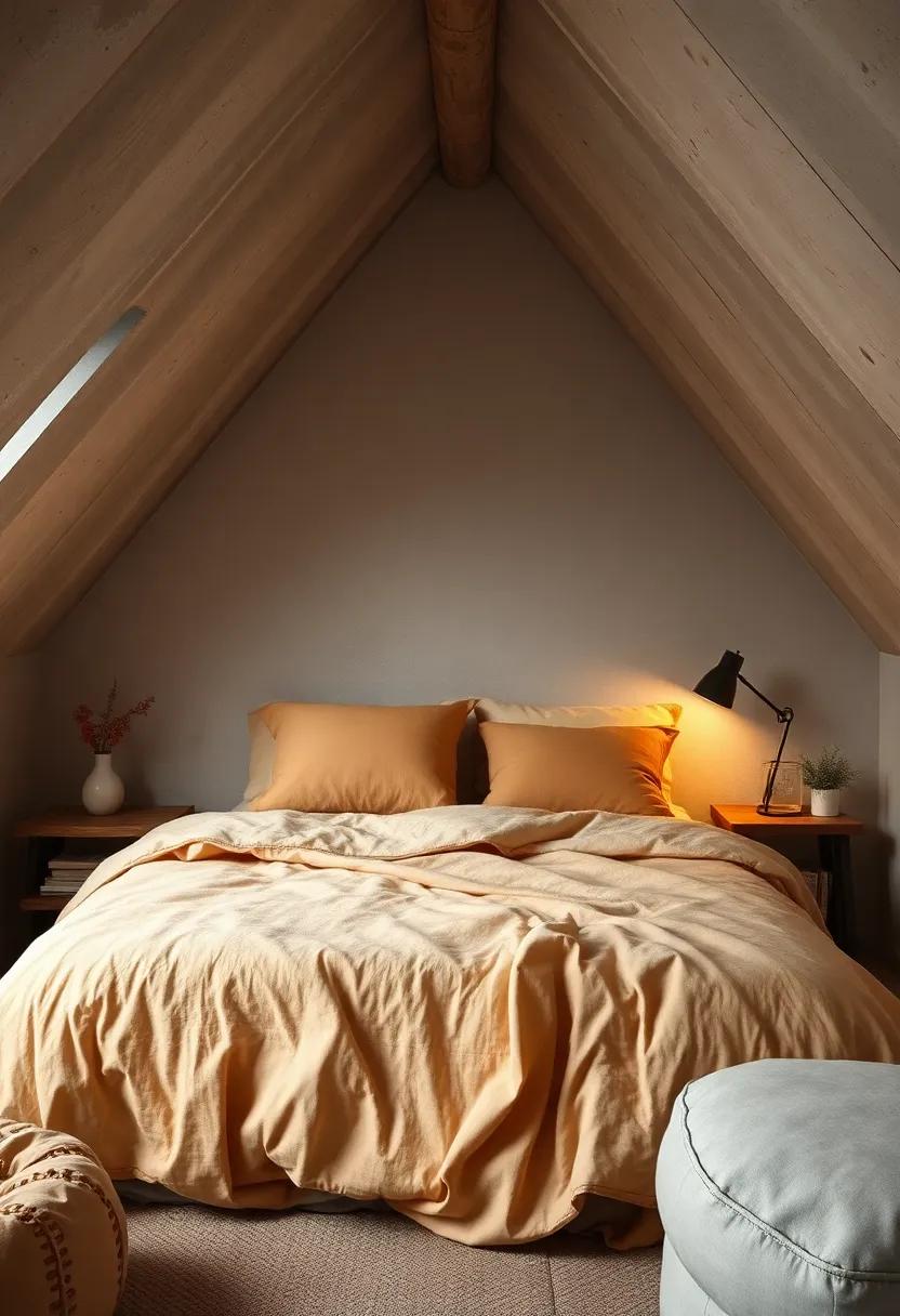 Soft, Layered Bedding in Warm Tones Inviting Relaxation Amidst Compact Ceiling Slants