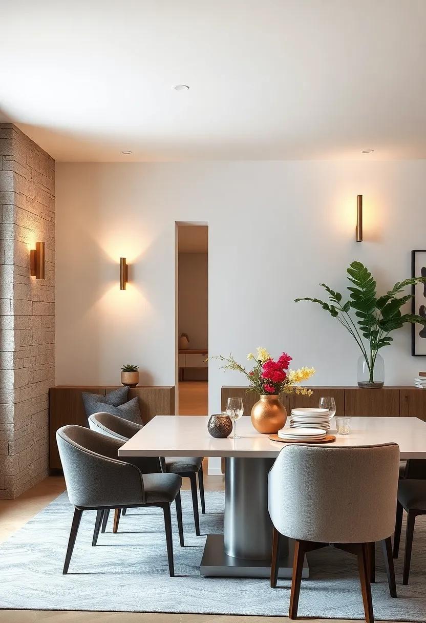 Sculptural Wall Sconces as Artistic Focal Points Amidst Minimalist Dining Decor