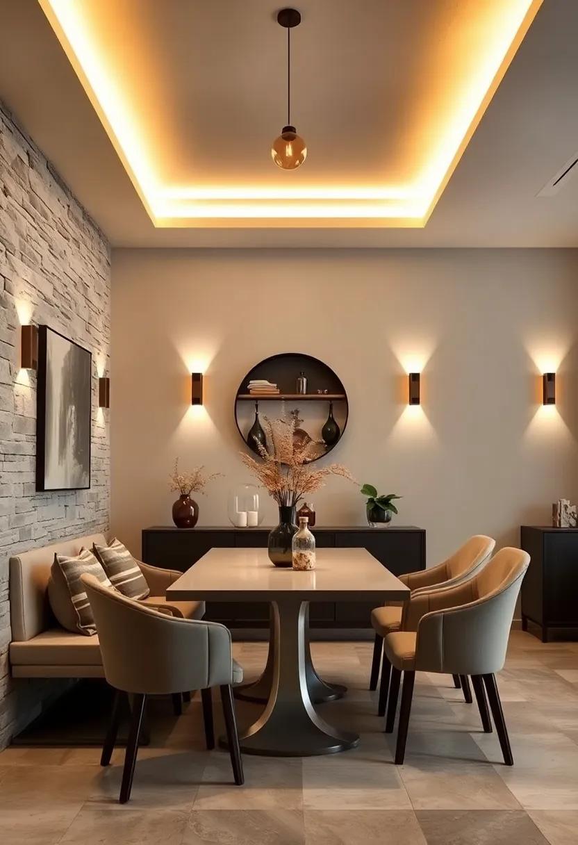 Warm LED Strip Wall Sconces Creating Seamless Lines of Light Along Dining Walls