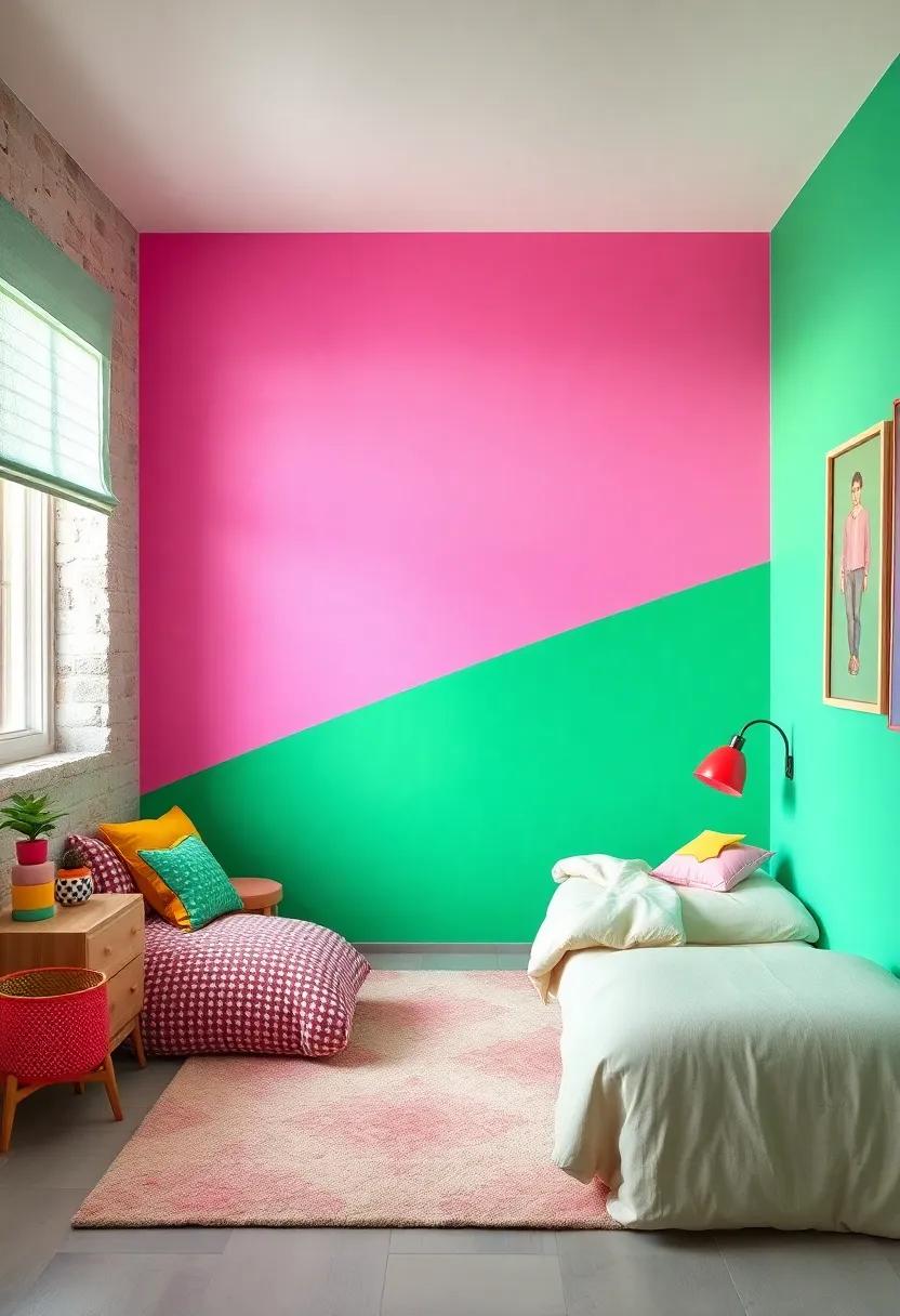 Pops of Neon Colored Accent Walls Fostering Energy and Excitement in the Room