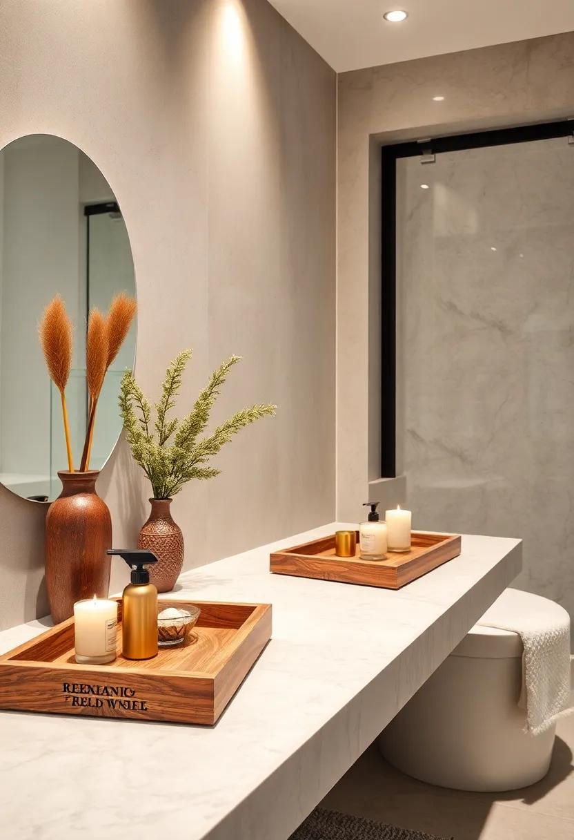 Decorative wooden Trays: Use wooden trays to organize your vanity items and candles, ‍enhancing both style and function