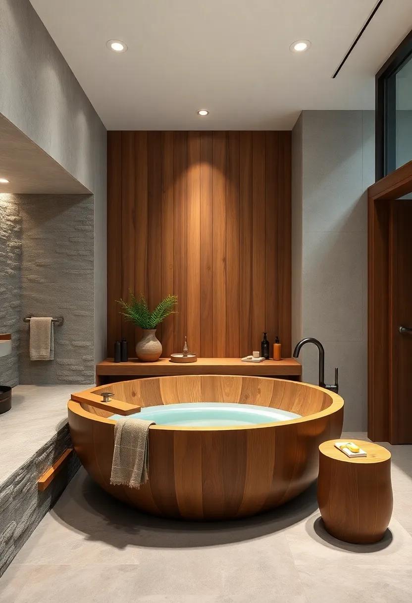 Design a⁢ wooden Bathtub: Consider a wooden soaking tub for a unique centerpiece that exudes tranquility