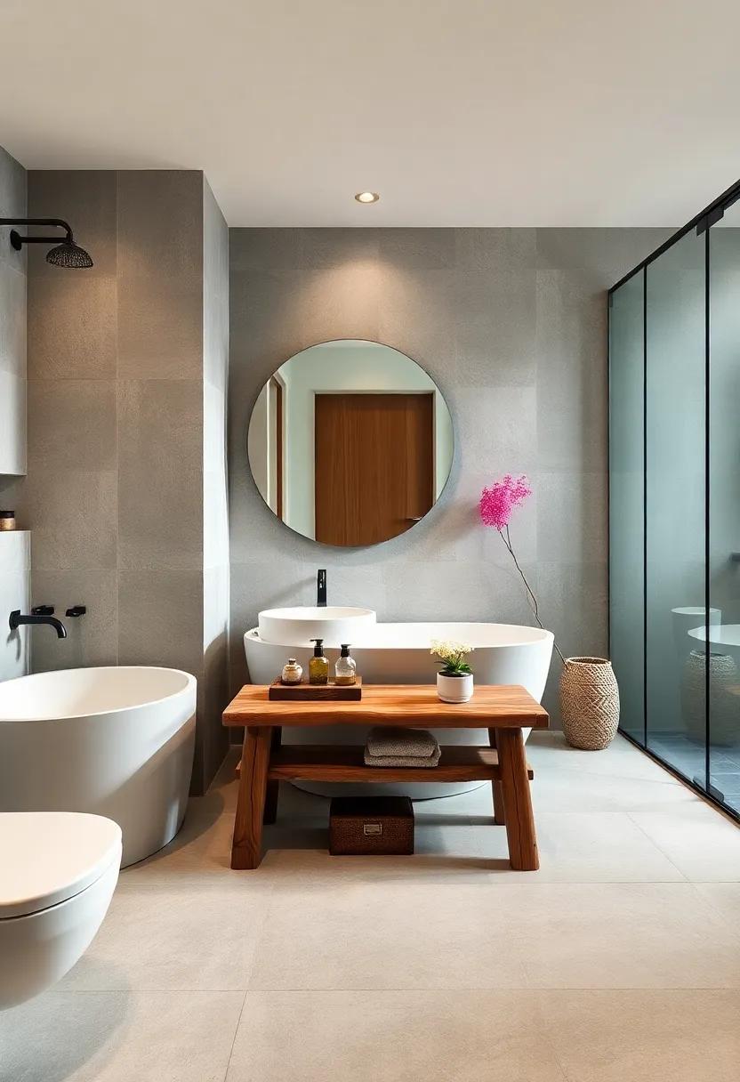 Rustic Wooden Bench: Add a bench made of reclaimed wood for a practical yet stylish touch to the bathroom