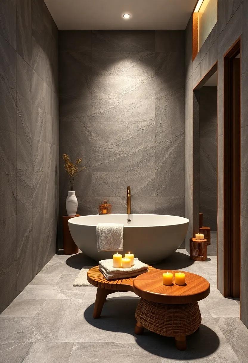 A ‌Spa Corner:‌ Designate a small corner with a wooden stool for a spa-like experience with scented candles and towels