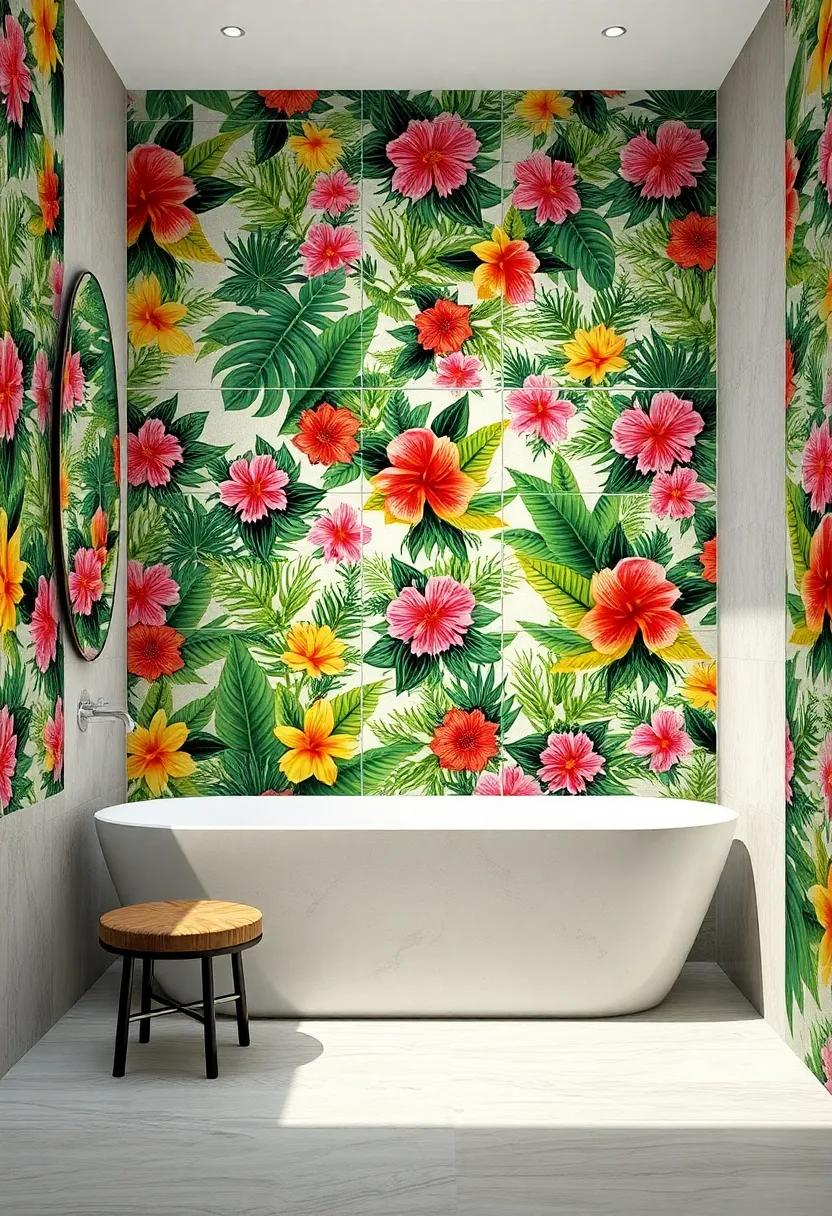Tropical‌ Paradise: Discover vibrant ‌floral tiles featuring exotic leaves and bright⁢ blossoms, perfect for infusing a lively, energetic vibe into any modern⁢ bathroom