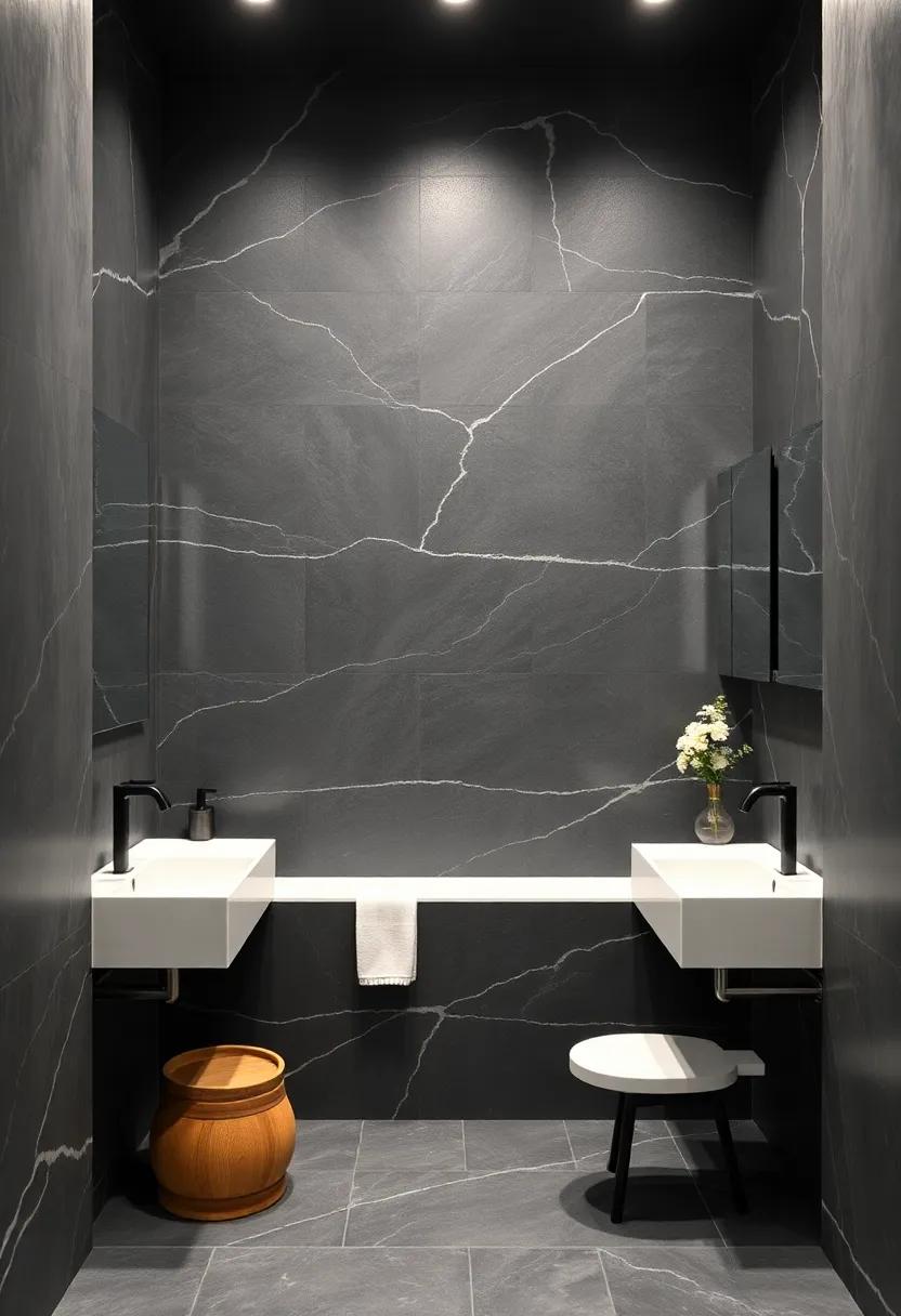 The Artistic Fusion Of Black Slate Walls And White Porcelain Fixtures In A Spa-Inspired Bath