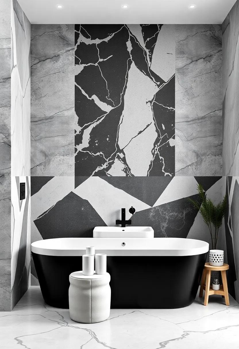 Bold Geometric Patterns In Black And White To Transform A Minimalist Bathroom Space Elegantly
