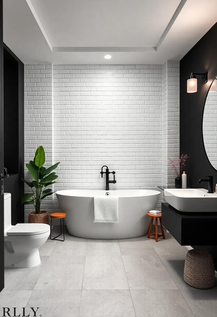 Classic White Subway Tiles Laid Against Bold Black Accent Walls For Visual Balance