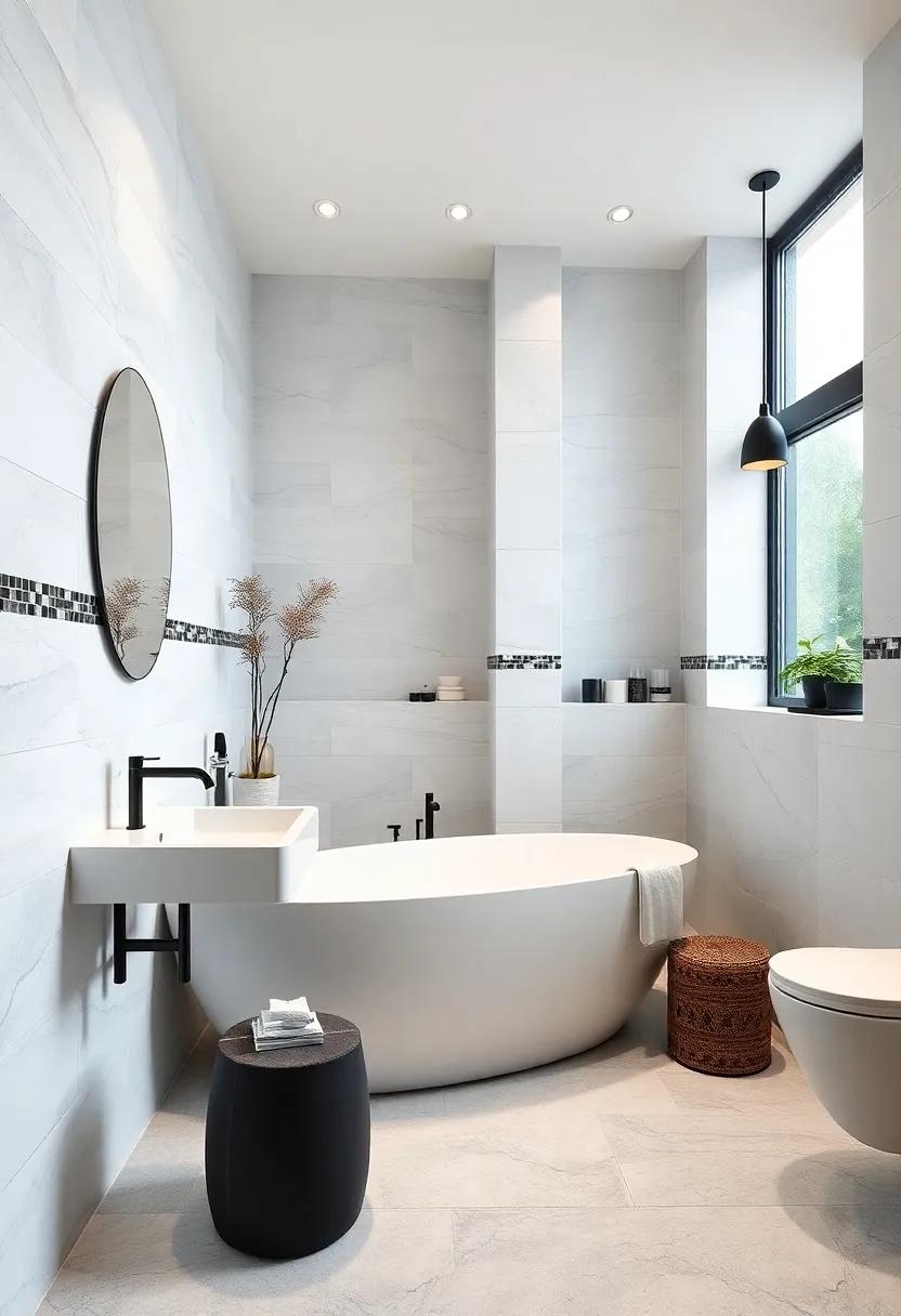 Contemporary White Ceramic Tiles Interspersed With Black Mosaic Details For Fresh Look