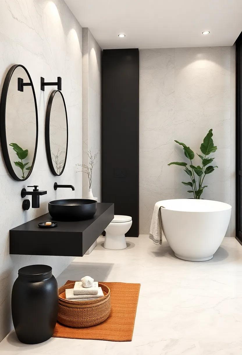 Eco-Friendly Black Bamboo Accessories Harmonizing With Soft White Ceramic Bathroom Elements