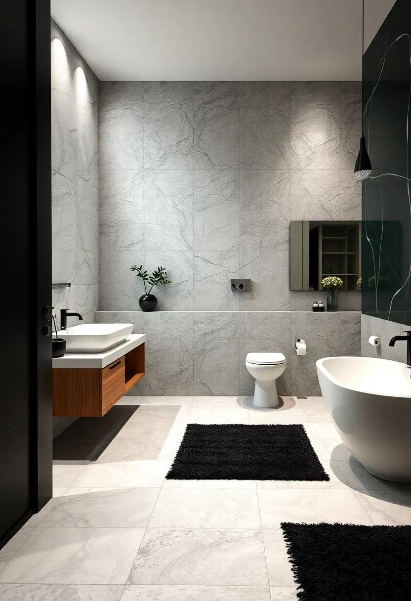 Layered Black And White Bathroom Rugs Bringing Texture And Warmth To Sleek Spaces