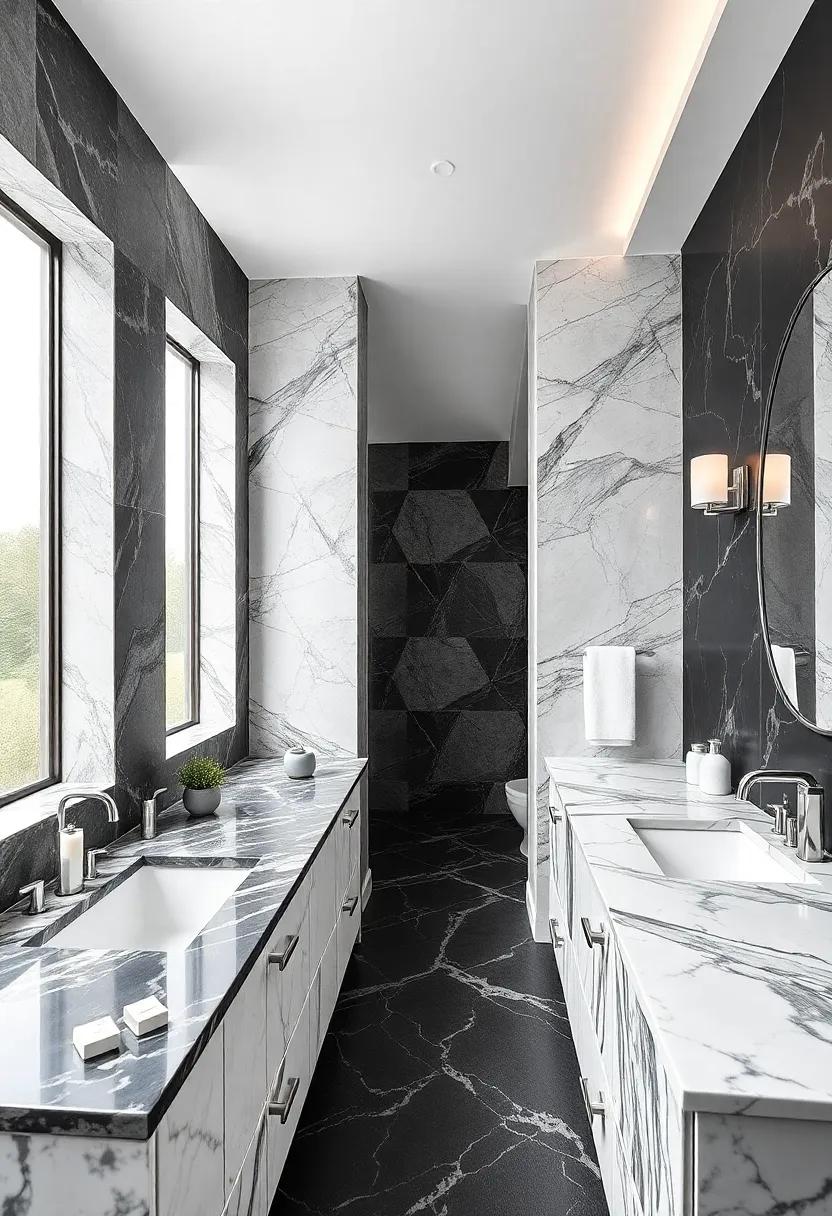 Luxurious Black And White Marble Vanity Tops With Elegant Silver Hardware Details