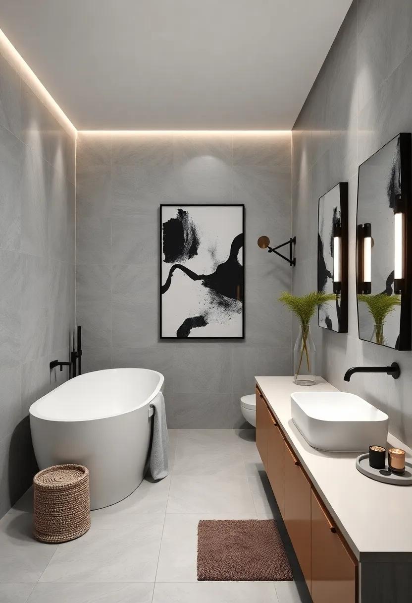 Monochrome Wall Art Featuring Abstract Black And White Prints Accentuating A Stylish Bathroom