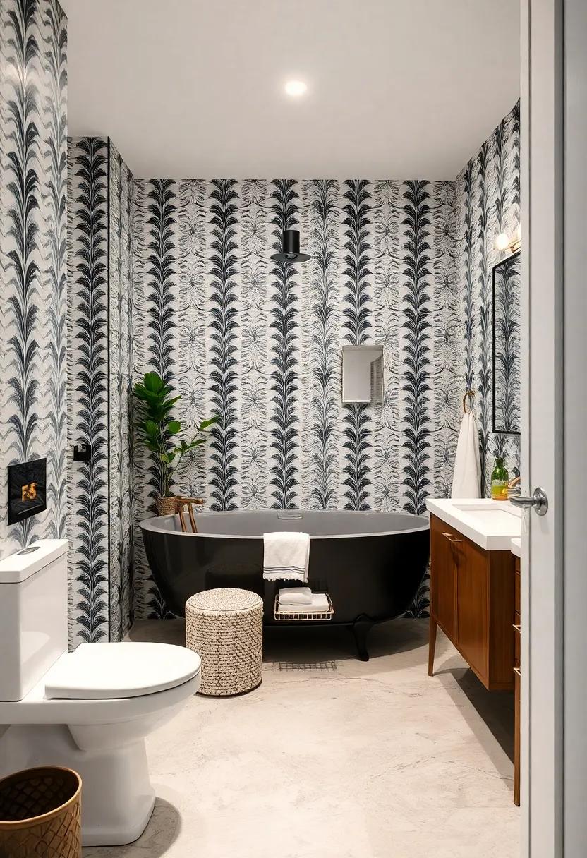 Patterned Black And White Wallpaper Evoking Retro Charm In A Small Bathroom Setting