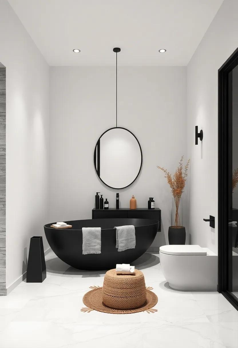 Sculptural Black Fixtures Against Crisp White Walls Creating Dramatic Bathroom Visual Impact