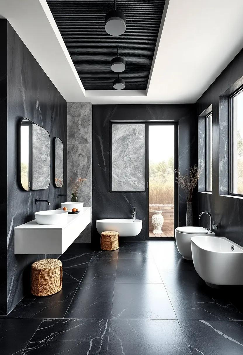 Smooth Black Concrete Floors Paired With White Floating Vanities For Industrial Chic Appeal