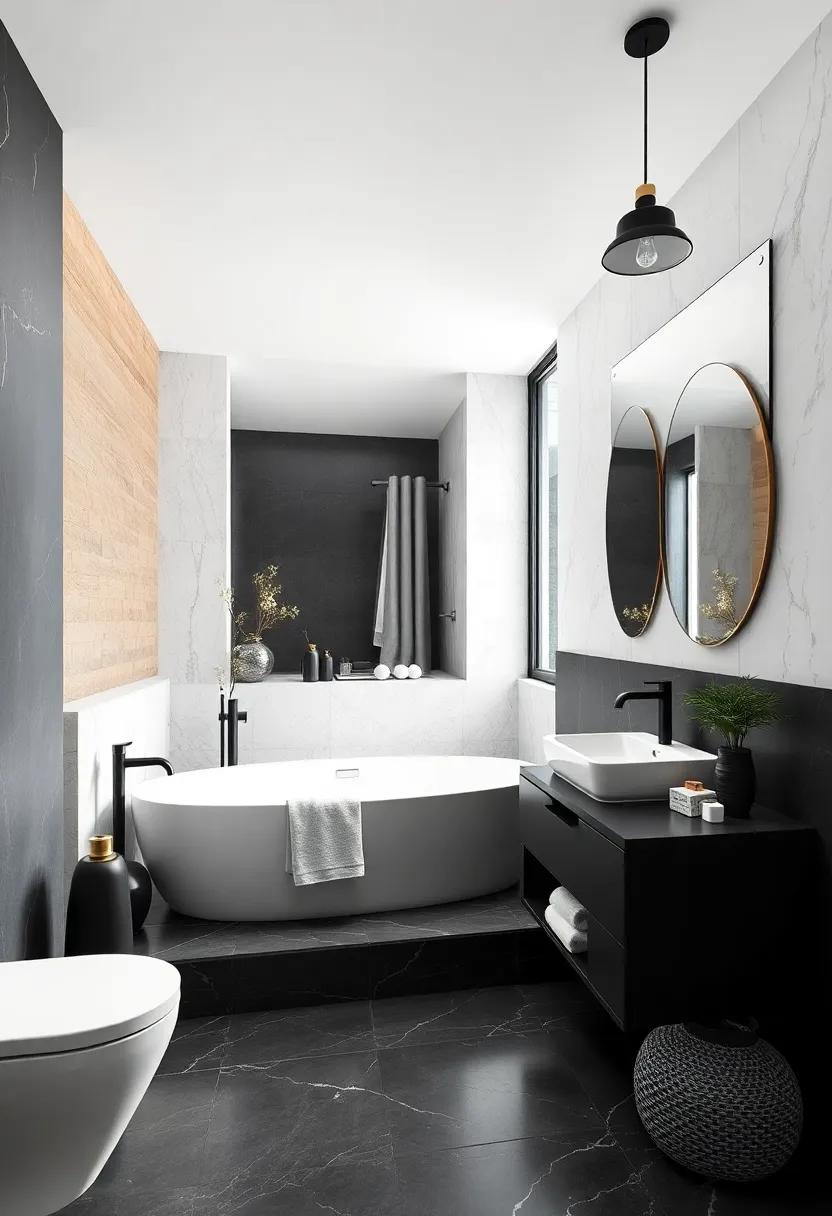 Soft Contrasting Textures Of Matte Black And Glossy White Finishes In A Contemporary Bathroom
