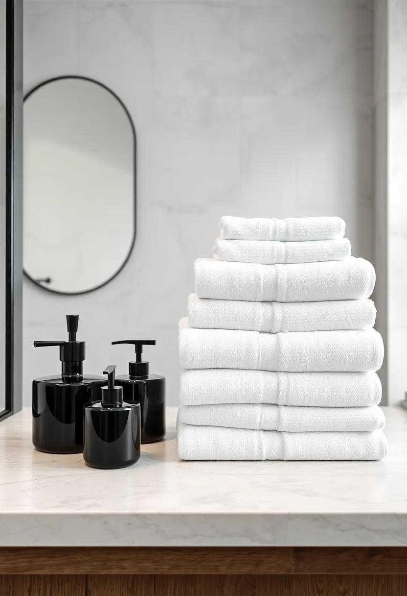 Soft White Cotton Towels Stacked Neatly Next To Black Ceramic Bathroom Accessories