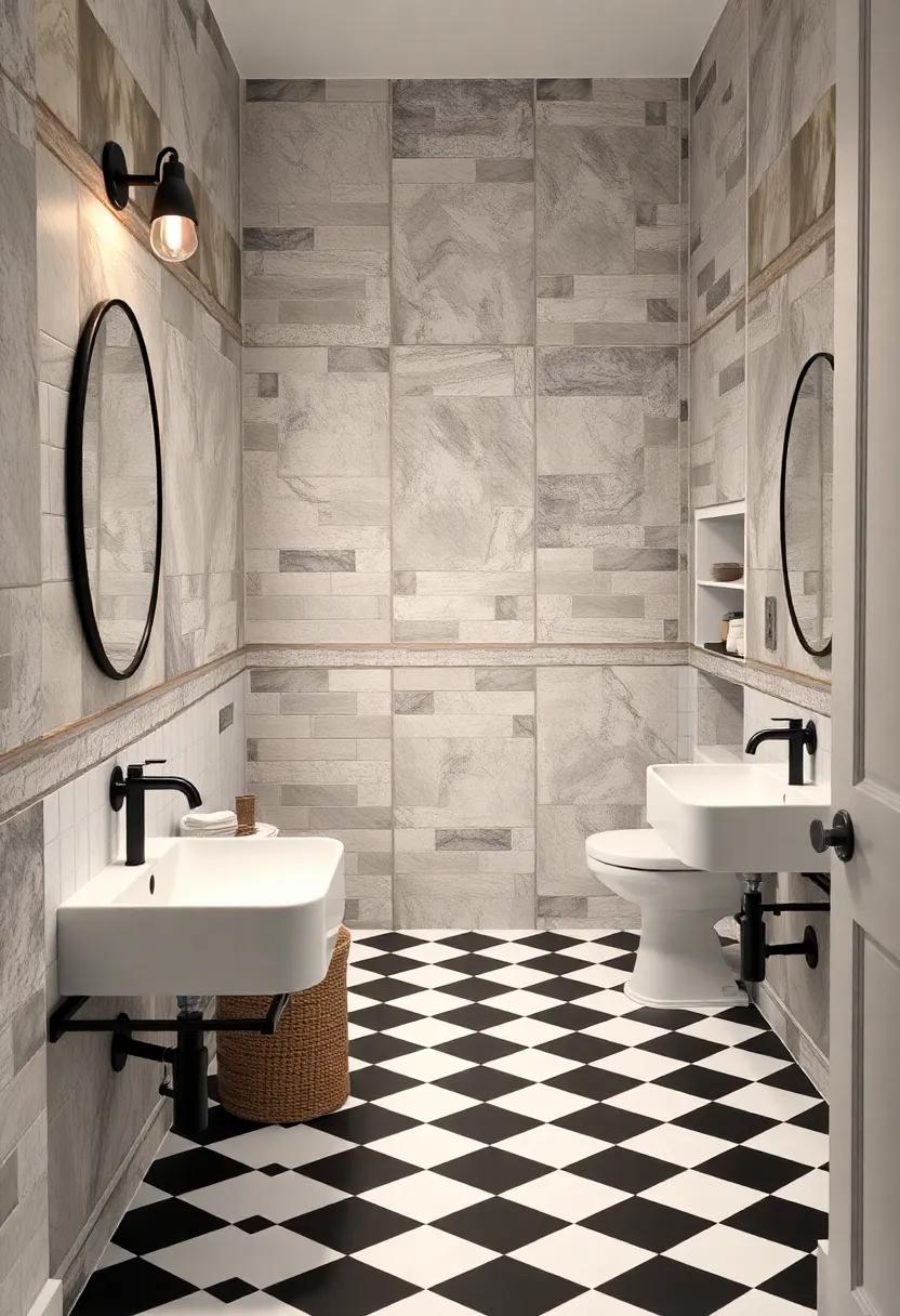 Vintage Black And White Checkerboard Floors Paired With Classic White Porcelain Sinks