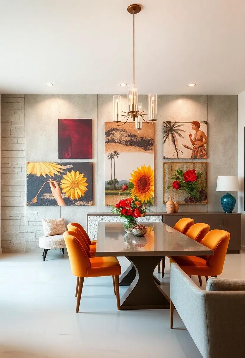 Mixed Media Collages on Accent Walls Blending Photography, Paint, and Fabric for Unique Appeal