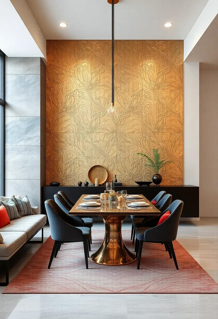 Textured Metallic Finishes Creating a Luxurious and Reflective Accent Wall for Dining Areas