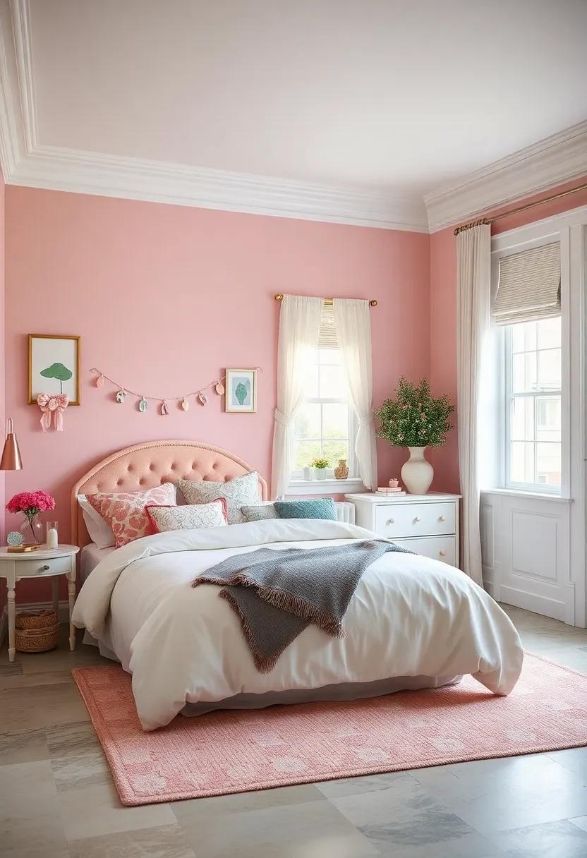 Ballet Slipper Pink Accent Walls Paired with White Woodwork Creating a Timeless Enchantment