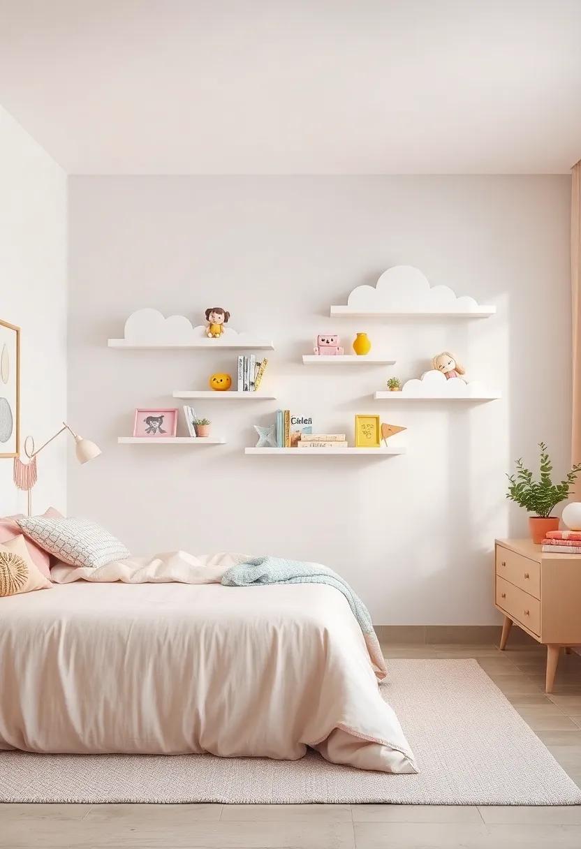 Floating Cloud Shelves Displaying Delicate Toys and Books with a Light and Airy Atmosphere