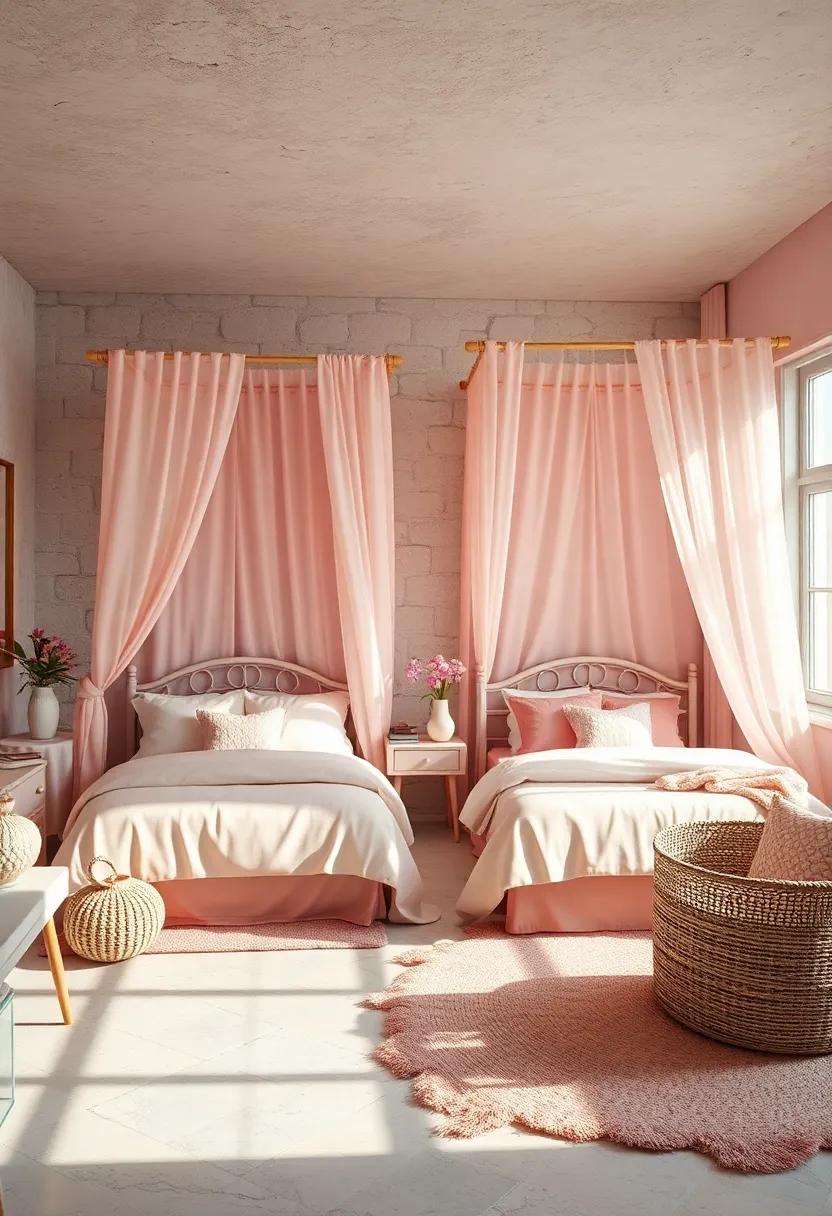 Powder Pink Canopy Beds Draped with Sheer Fabric Evoking Fairytale Charm and Cozy Comfort