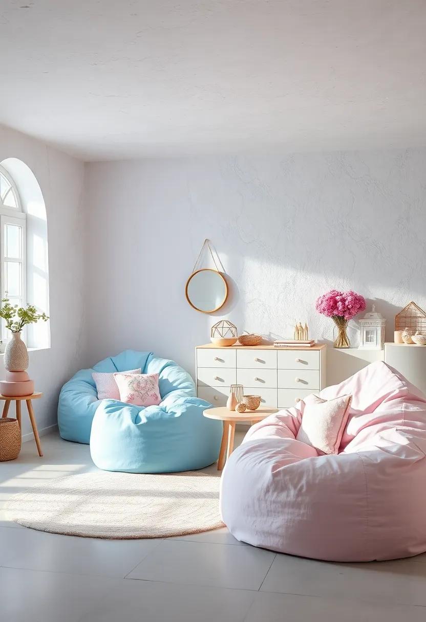 Soft Blue and Lilac Toned Bean Bags Inviting Relaxation and Gentle Lounging in a Fairyland Setting