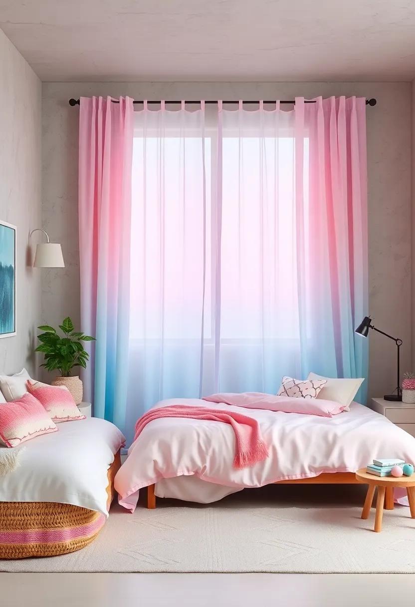 Sheer Ombre Curtains Flowing in Soft Rainbow Tones Offering a Dreamlike Glow and Subdued Privacy