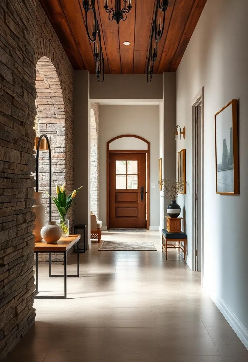 Artfully Layered Textures Combining Rustic Wood and Sleek Metallic Accents in Entryways