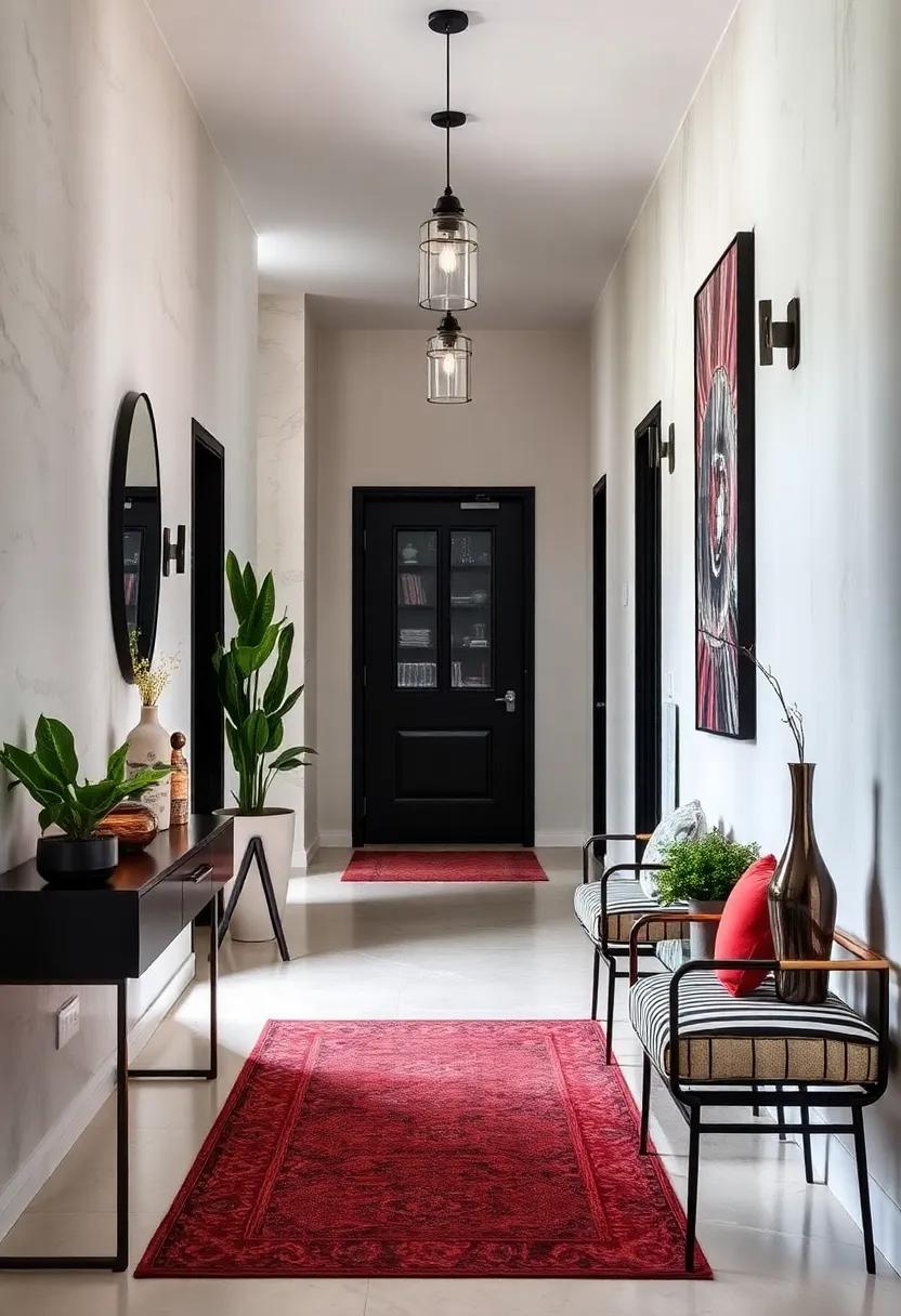 Contrasting Black and White Elements with Pops of Brilliant Color to Revitalize Hallway Spaces