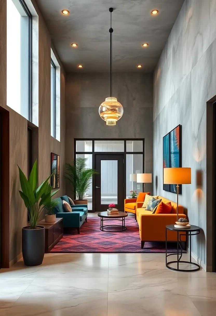 Dynamic Mix of Retro and Futuristic Design Elements Creating a Bold Entryway Atmosphere