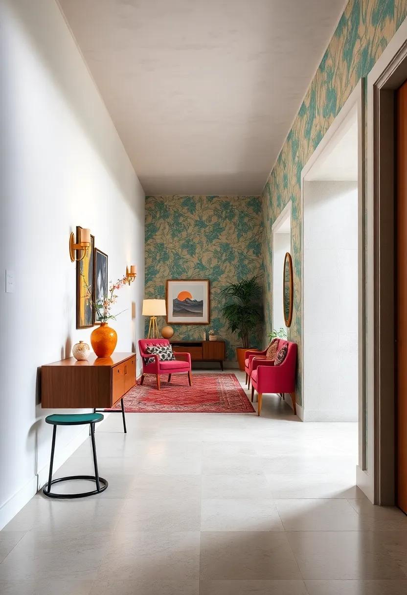 Eclectic Hallway Designs Featuring Vibrant Wallpaper Patterns and Mismatched Furniture Pieces