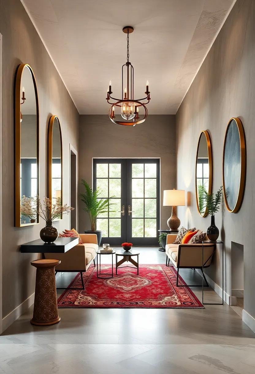 Eclectic Hallways Using Oversized Mirrors and Statement Rugs to Create Depth and Interest