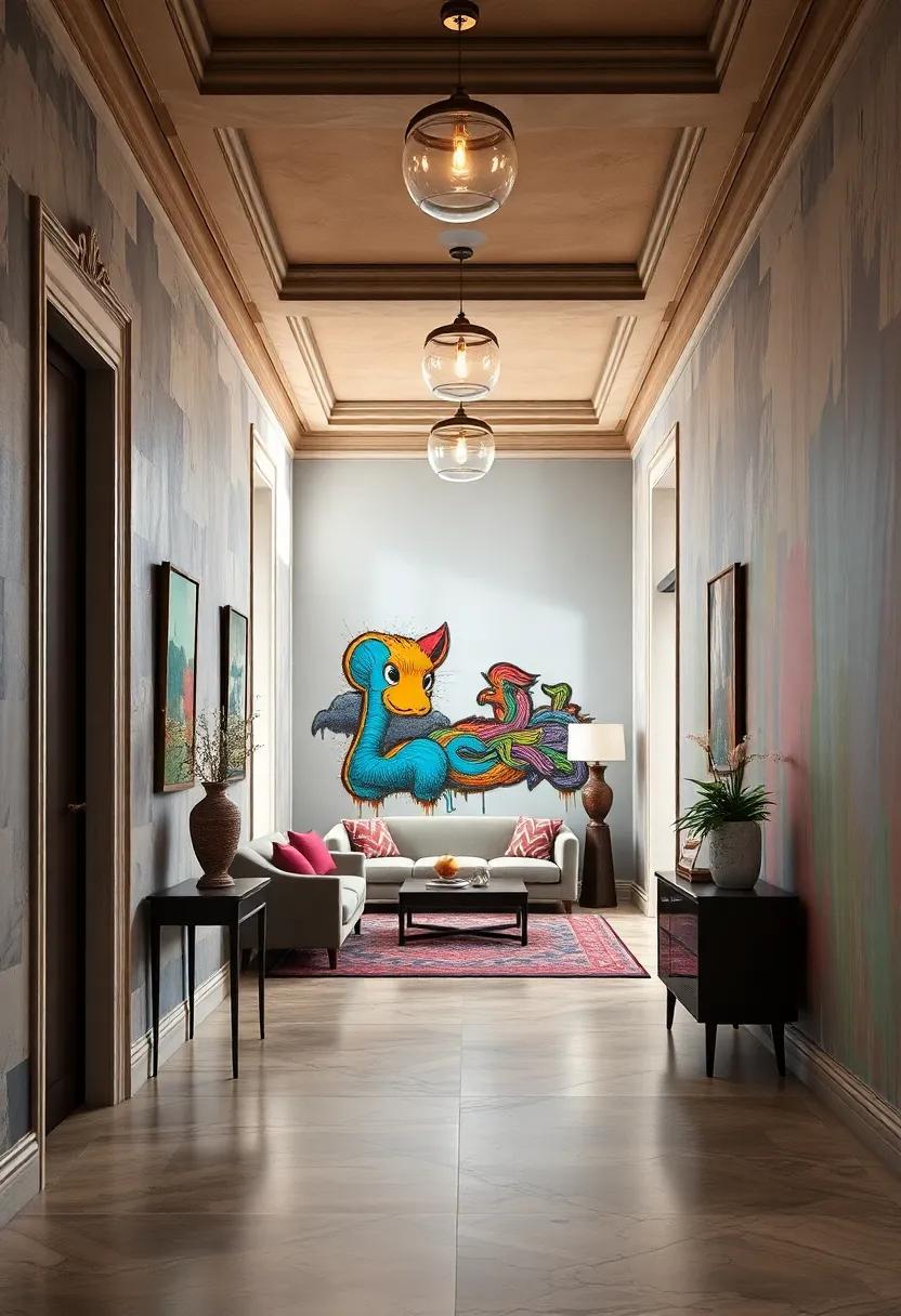 Elegant Hallways Combining Traditional Ornate Moldings with Vibrant Street Art Murals