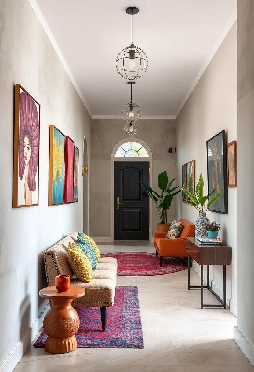Gallery Style Hallways Adorned with Diverse Artworks and Unexpected Decorative Objects