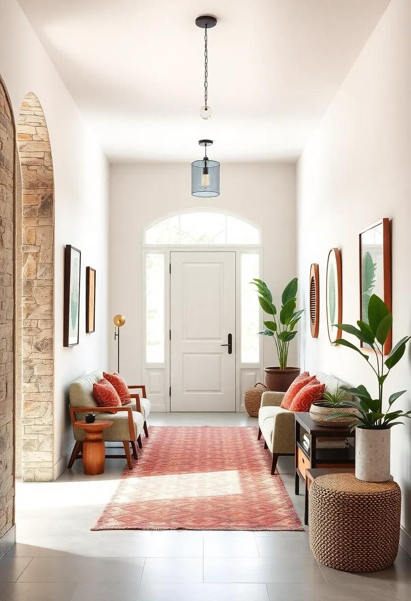Harmonious Mix of Mid-Century Modern and Bohemian Elements in a Bright Welcoming Hallway