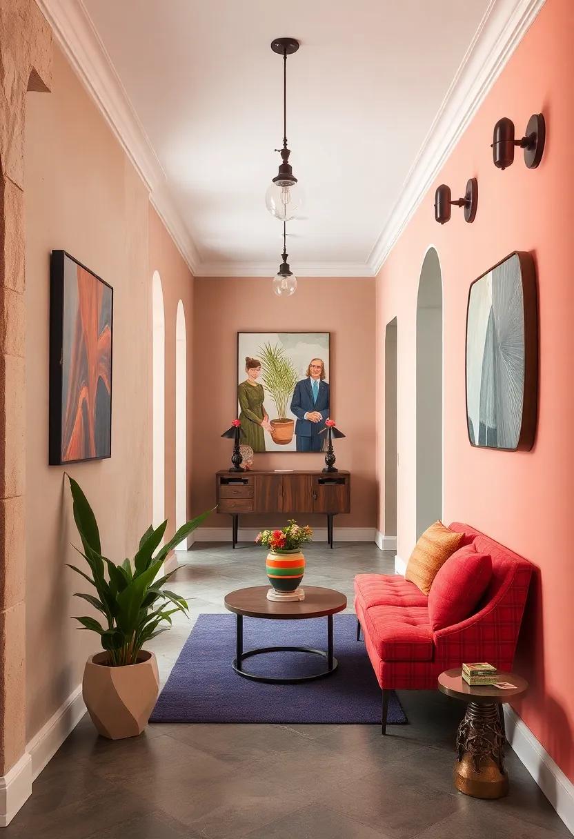 Jewel Tone Palette Combined with Eclectic Wall Art and Vintage Light Fixtures for Drama