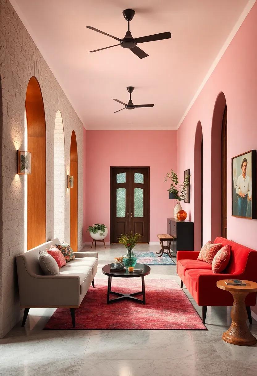 Layered Lighting Techniques Highlighting Eclectic Wall Colors and Unique Furniture Choices