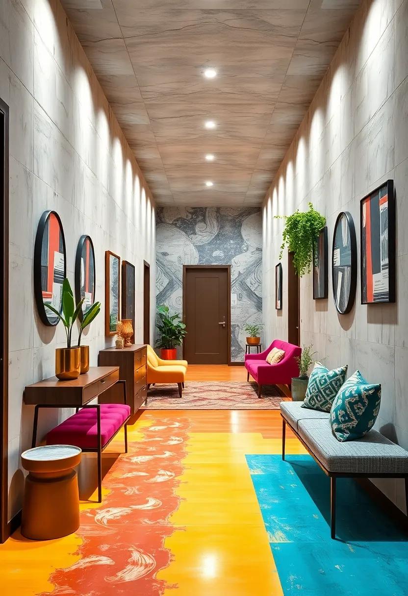 Modern Eclectic Hallways with Graphic Wall Murals and Bright Colorful Flooring Designs