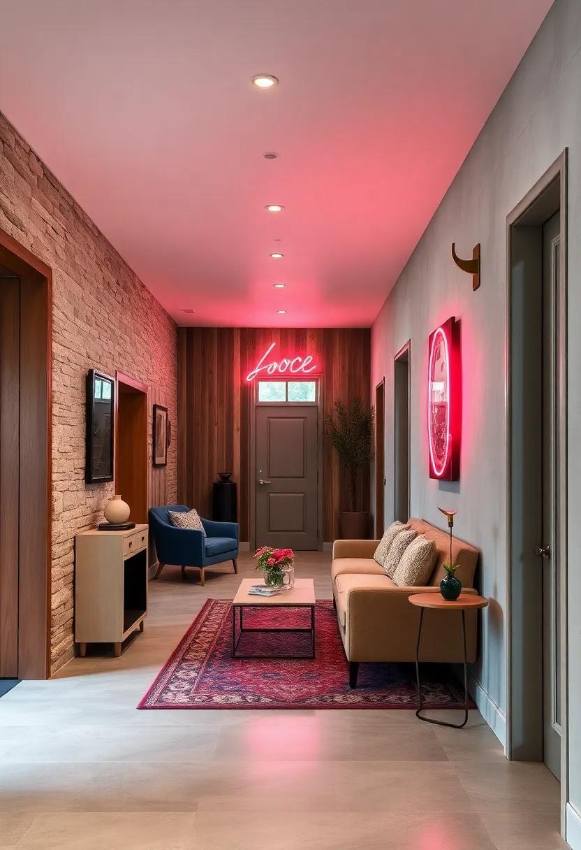 Rustic Meets Urban in an Eclectic Hallway Featuring Reclaimed Wood and Neon Lighting