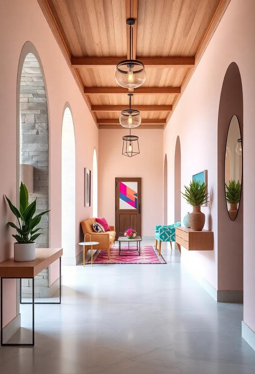 Soft Pastel Walls Paired with Bold Geometric Accents for a Balanced, Inviting Corridor