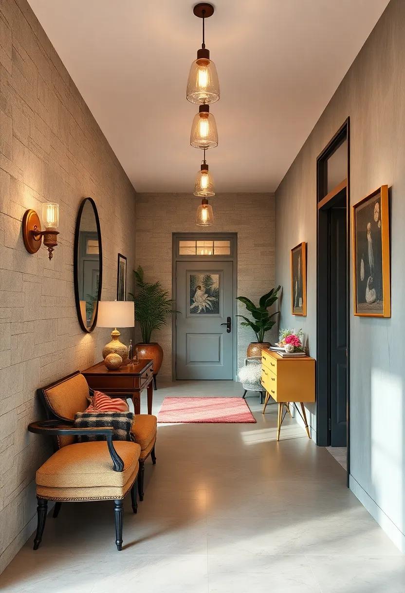 Vintage Furniture Blends Seamlessly with Contemporary Lighting Fixtures in a Chic Hallway
