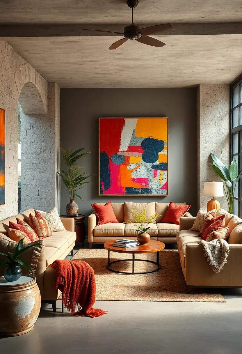 Vibrant Eclectic Living Room Showcasing Bold Abstract Art and Layered Textiles in Warm Earth Tones
